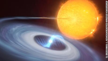 Diese Abbildung zeigt ein Zwei-Sterne-System.  Man sieht eine blaue Materialscheibe, die einen Weißen Zwerg umkreist, während sie Material vom Begleitstern wegzieht.