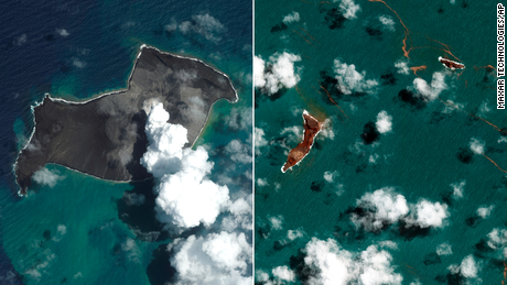 (Von links) Satellitenbilder vom 6. und 18. Januar zeigen die Auswirkungen des Vulkanausbruchs in der Nähe von Tonga.