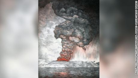 Eine Lithographie, die Wolken zeigt, die während des katastrophalen Ausbruchs von 1883 im Südwesten Indonesiens aus dem Krakatau-Vulkan strömten.