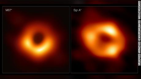 Diese Tafeln zeigen die ersten beiden Bilder eines Schwarzen Lochs.  Links ist der M87 * und rechts der Bogen A *.