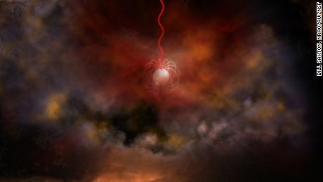Die Illustration des Künstlers zeigt einen Neutronenstern mit einem ultrastarken Magnetfeld, Magnetar genannt, der Radiowellen aussendet (in Rot). 