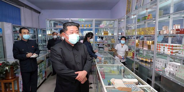Auf diesem von der nordkoreanischen Regierung bereitgestellten Foto besucht der nordkoreanische Führer Kim Jong Un (Mitte) am 15. Mai 2022 eine Apotheke in Pjöngjang, Nordkorea. 