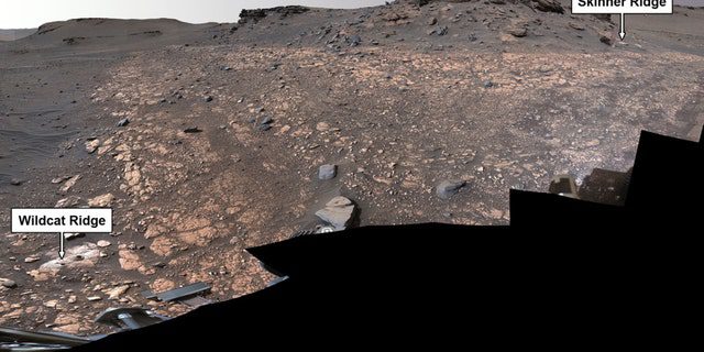Der Perseverance-Rover der NASA hat Gesteinsproben für eine mögliche zukünftige Rückkehr zur Erde von zwei Orten gesammelt, die auf dem Jezero-Krater-Bild des Mars zu sehen sind: "Wildkatzengrat" (unten links) und "Skinner Ridge" (oben rechts). 
