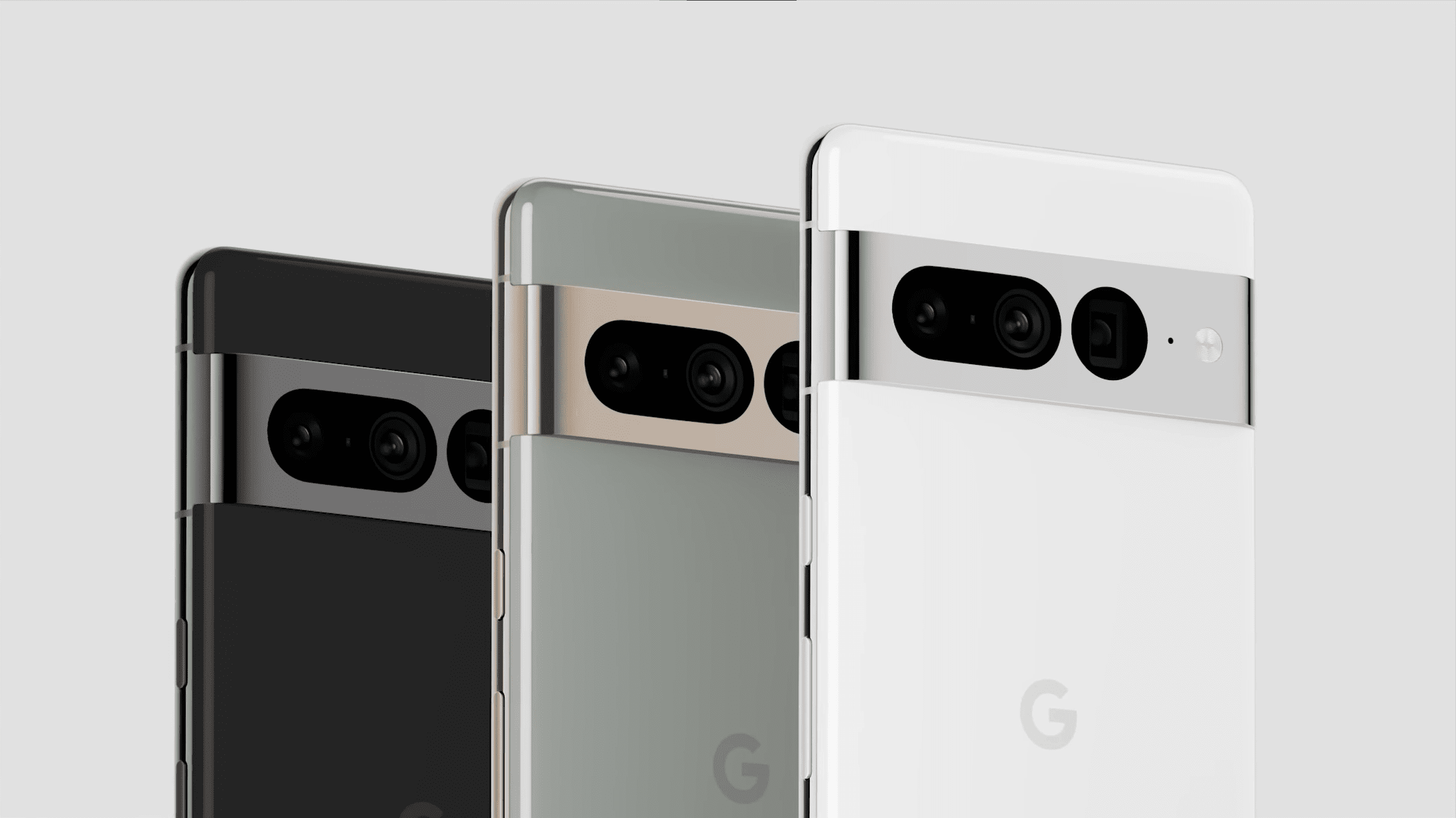 Offizielles Rendering von Google Pixel 7 Pro, dreimal in Schwarz, Weiß und Grün dargestellt